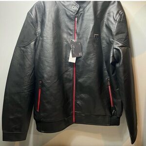 Men's Black Leather Jacket with Red Accents